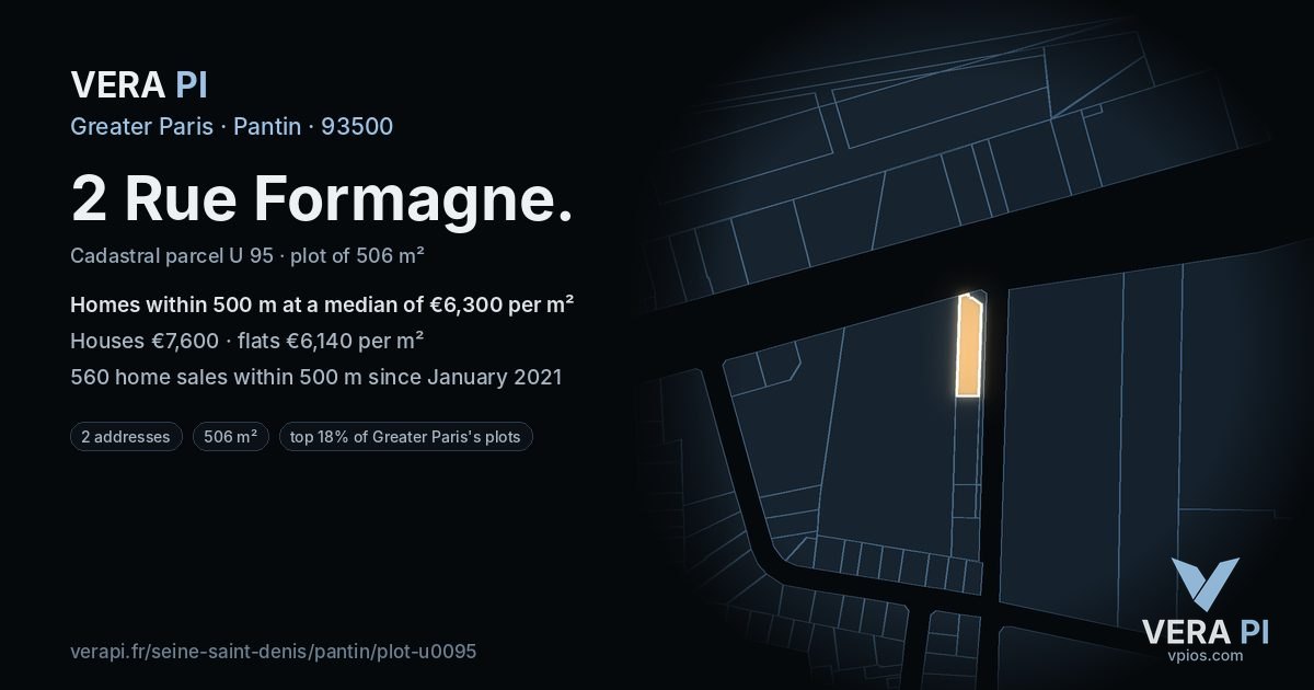 2 Rue Formagne, Pantin at night – the plot lit, the parcels around coloured by the prices near them