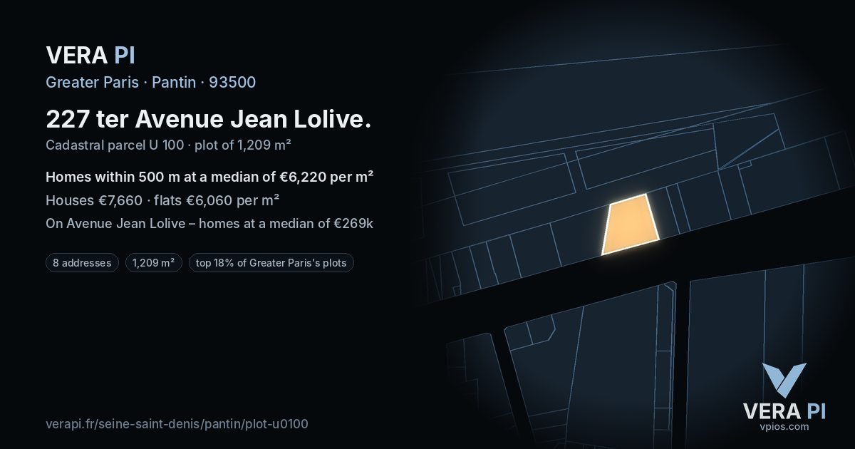 227 ter Avenue Jean Lolive, Pantin at night – the plot lit, the parcels around coloured by the prices near them