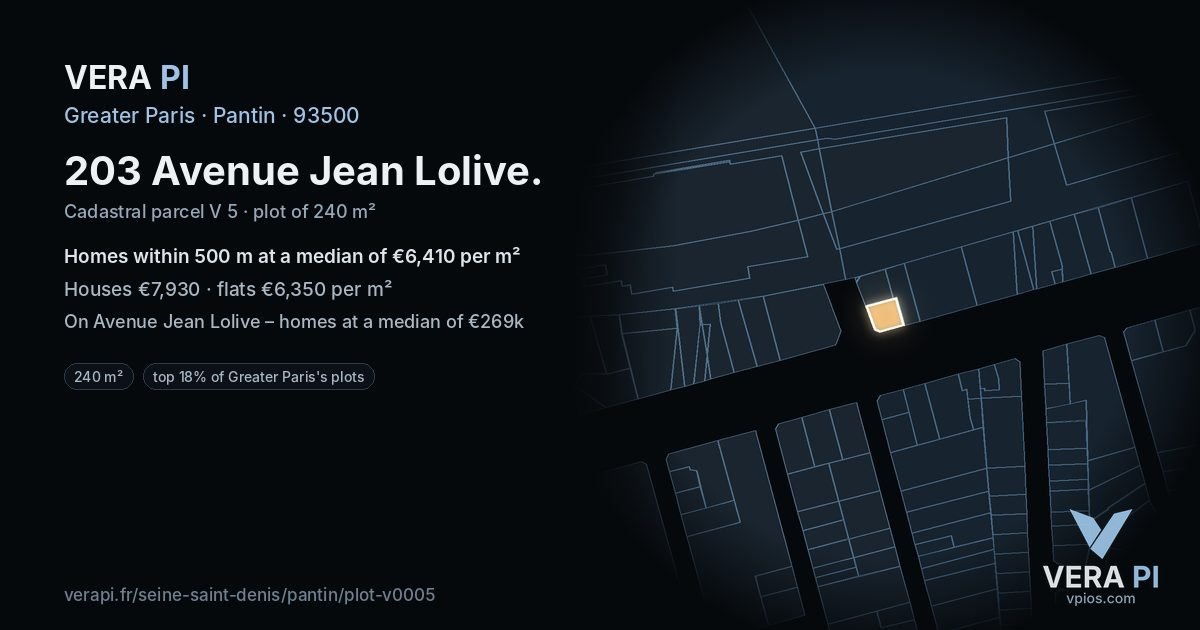 203 Avenue Jean Lolive, Pantin at night – the plot lit, the parcels around coloured by the prices near them