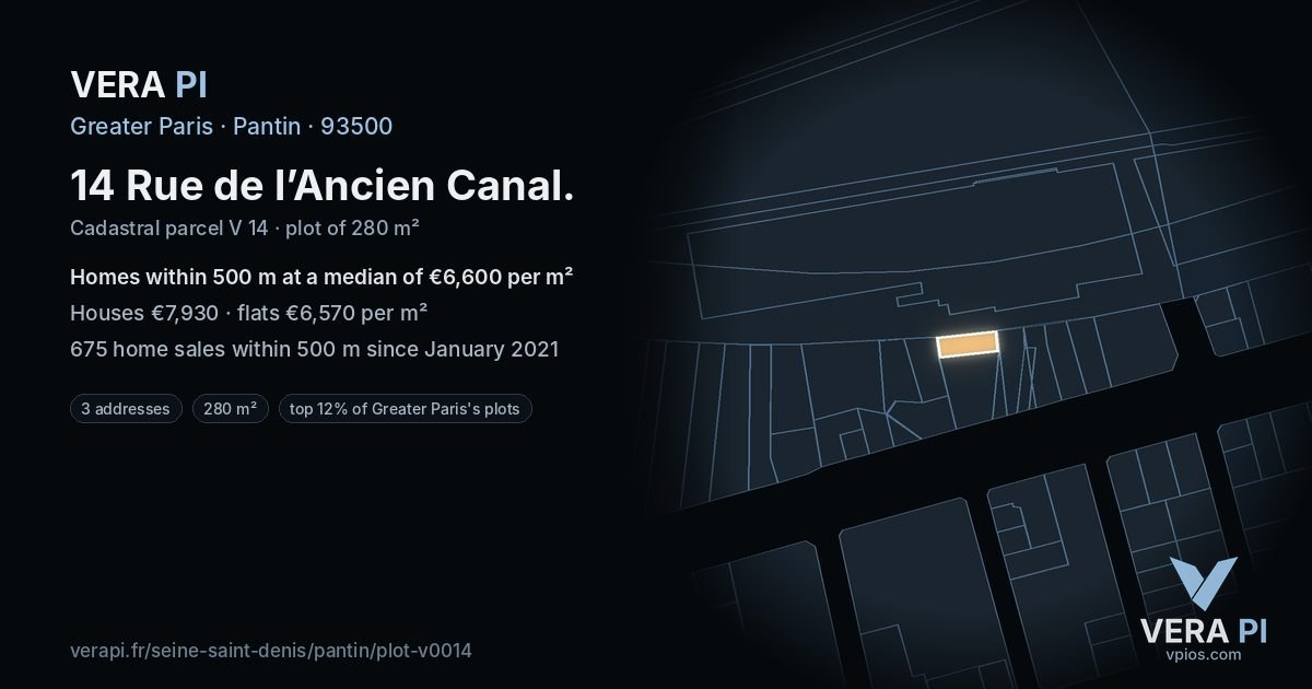 14 Rue de l’Ancien Canal, Pantin at night – the plot lit, the parcels around coloured by the prices near them