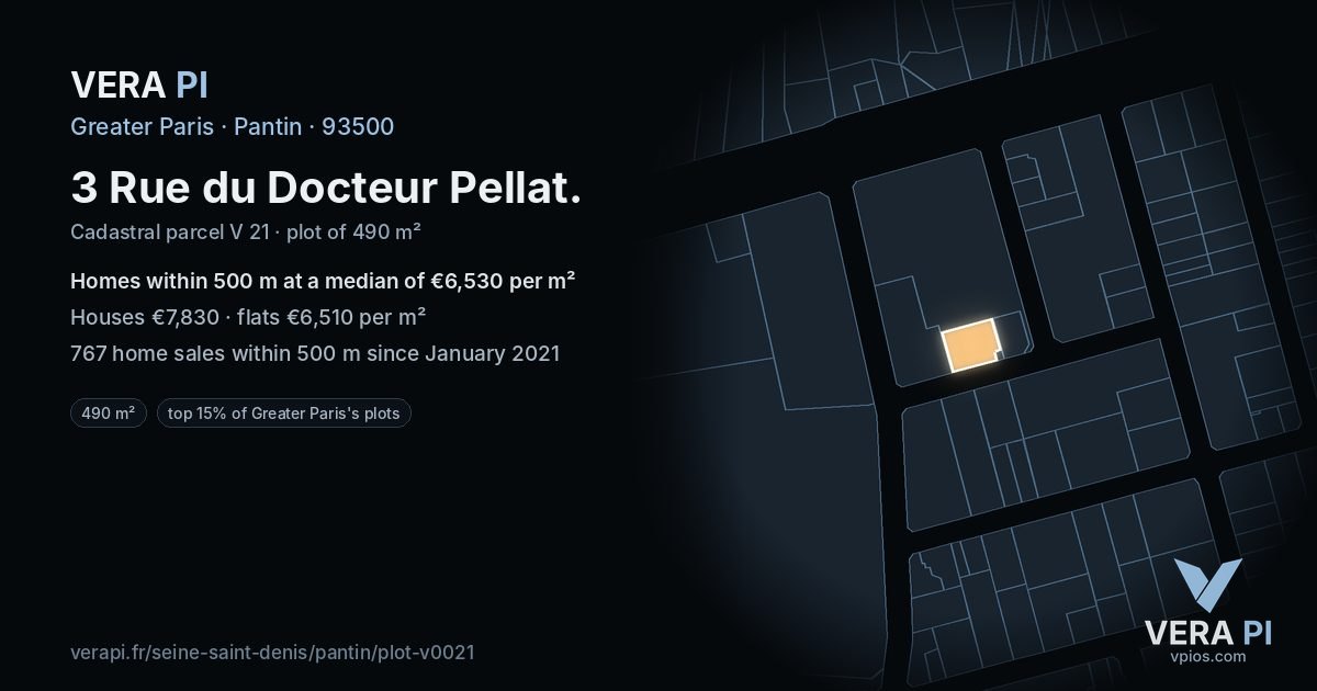 3 Rue du Docteur Pellat, Pantin at night – the plot lit, the parcels around coloured by the prices near them