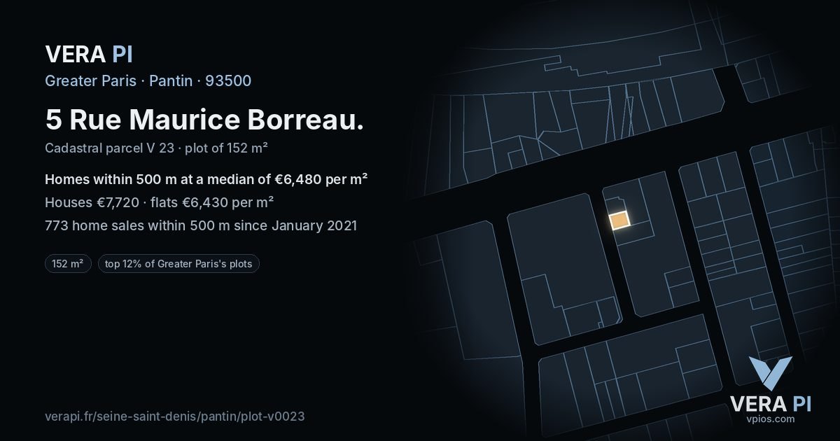 5 Rue Maurice Borreau, Pantin at night – the plot lit, the parcels around coloured by the prices near them