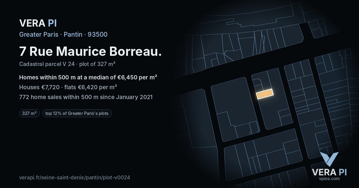 7 Rue Maurice Borreau, Pantin at night – the plot lit, the parcels around coloured by the prices near them