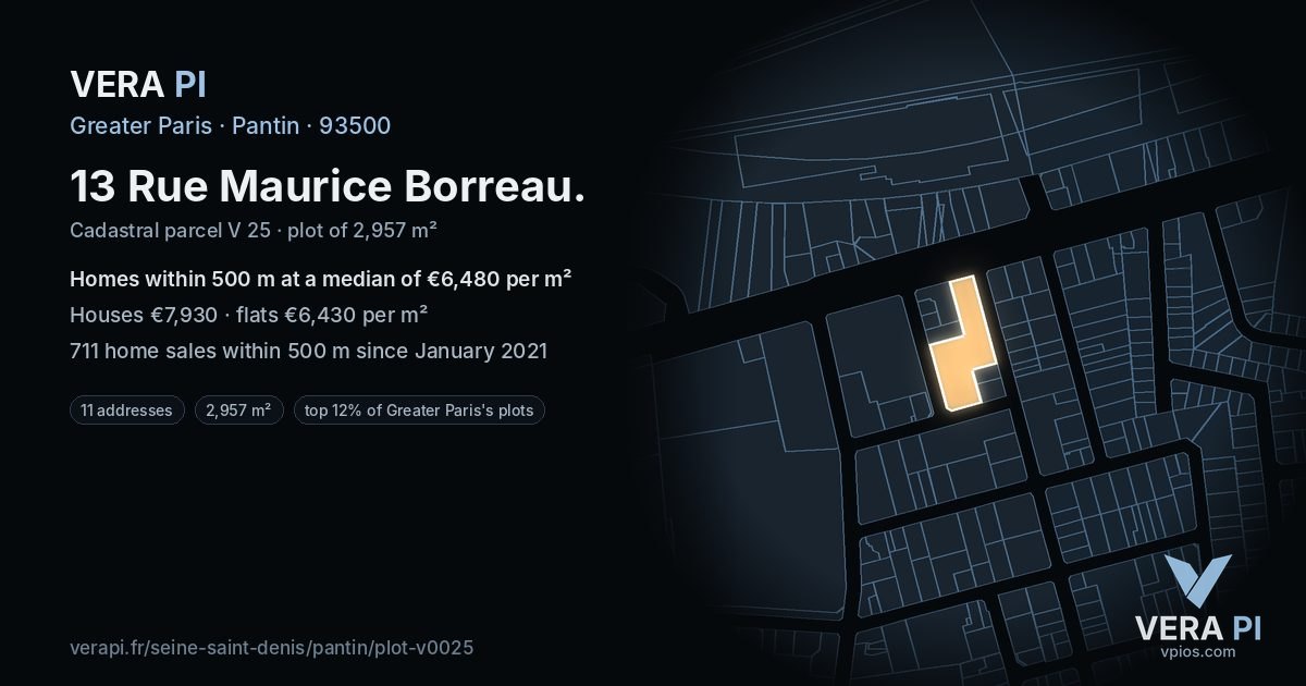 13 Rue Maurice Borreau, Pantin at night – the plot lit, the parcels around coloured by the prices near them