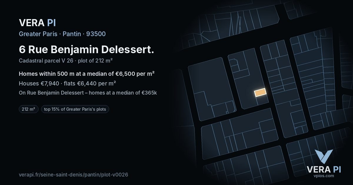 6 Rue Benjamin Delessert, Pantin at night – the plot lit, the parcels around coloured by the prices near them