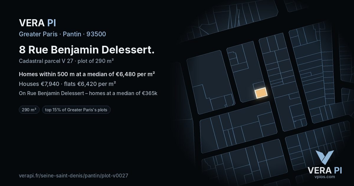 8 Rue Benjamin Delessert, Pantin at night – the plot lit, the parcels around coloured by the prices near them