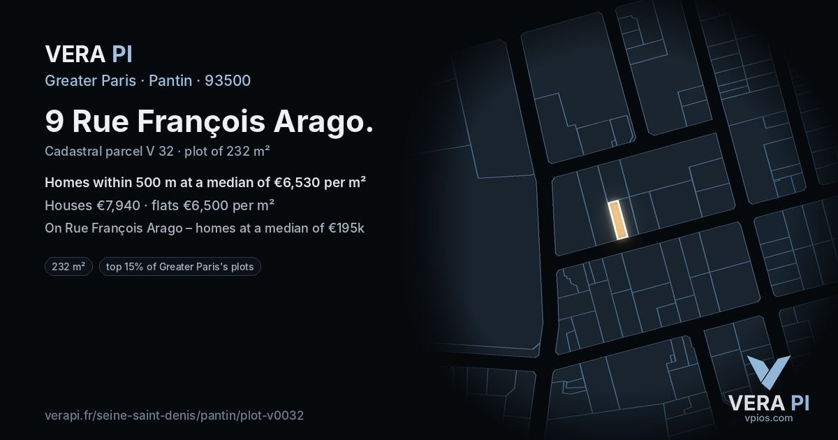 9 Rue François Arago, Pantin at night – the plot lit, the parcels around coloured by the prices near them