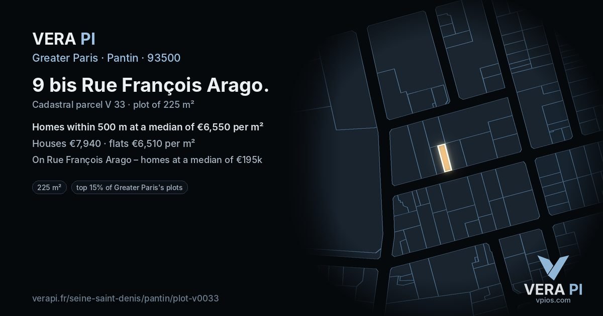 9 bis Rue François Arago, Pantin at night – the plot lit, the parcels around coloured by the prices near them