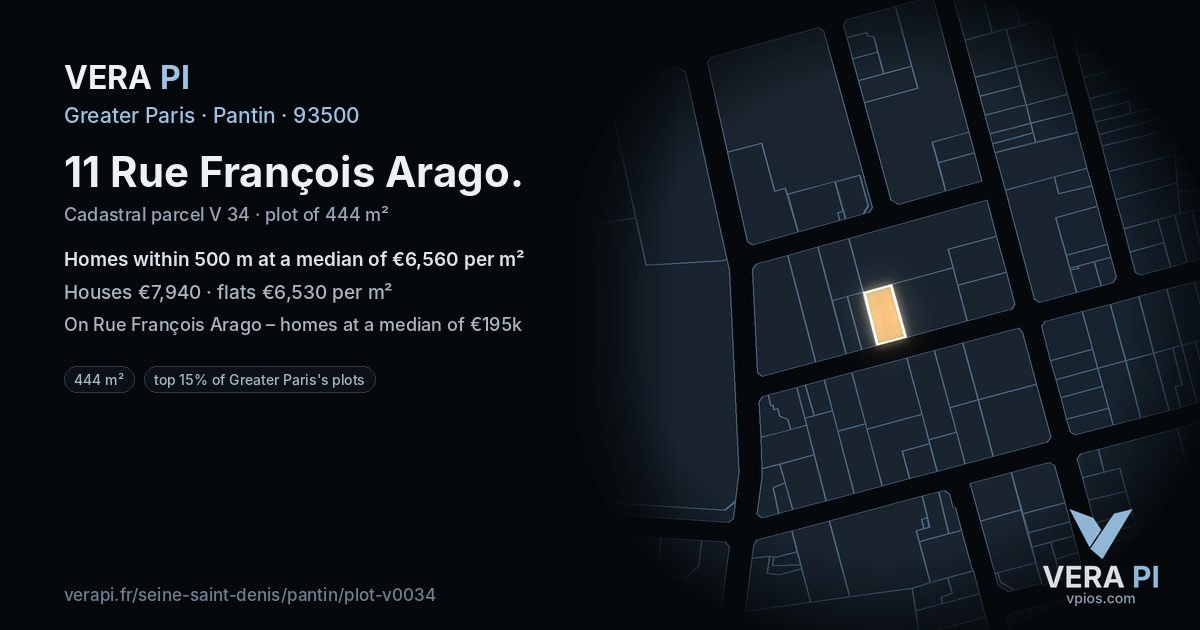 11 Rue François Arago, Pantin at night – the plot lit, the parcels around coloured by the prices near them