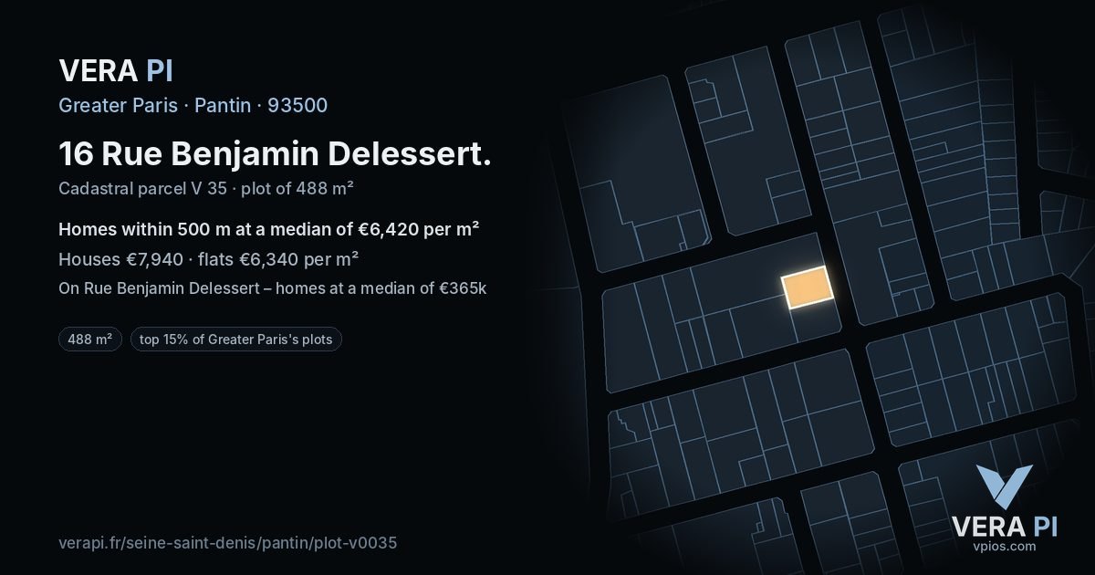 16 Rue Benjamin Delessert, Pantin at night – the plot lit, the parcels around coloured by the prices near them
