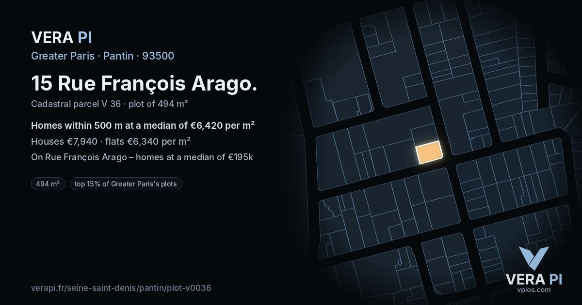15 Rue François Arago, Pantin at night – the plot lit, the parcels around coloured by the prices near them