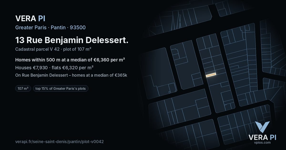 13 Rue Benjamin Delessert, Pantin at night – the plot lit, the parcels around coloured by the prices near them