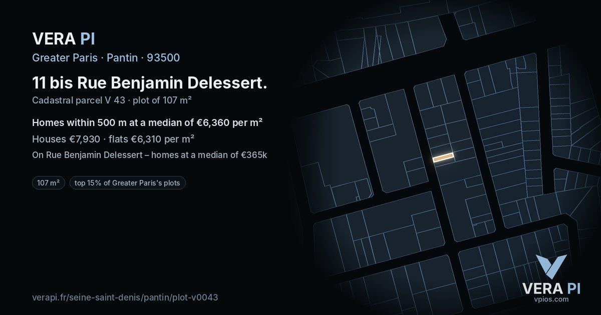 11 bis Rue Benjamin Delessert, Pantin at night – the plot lit, the parcels around coloured by the prices near them