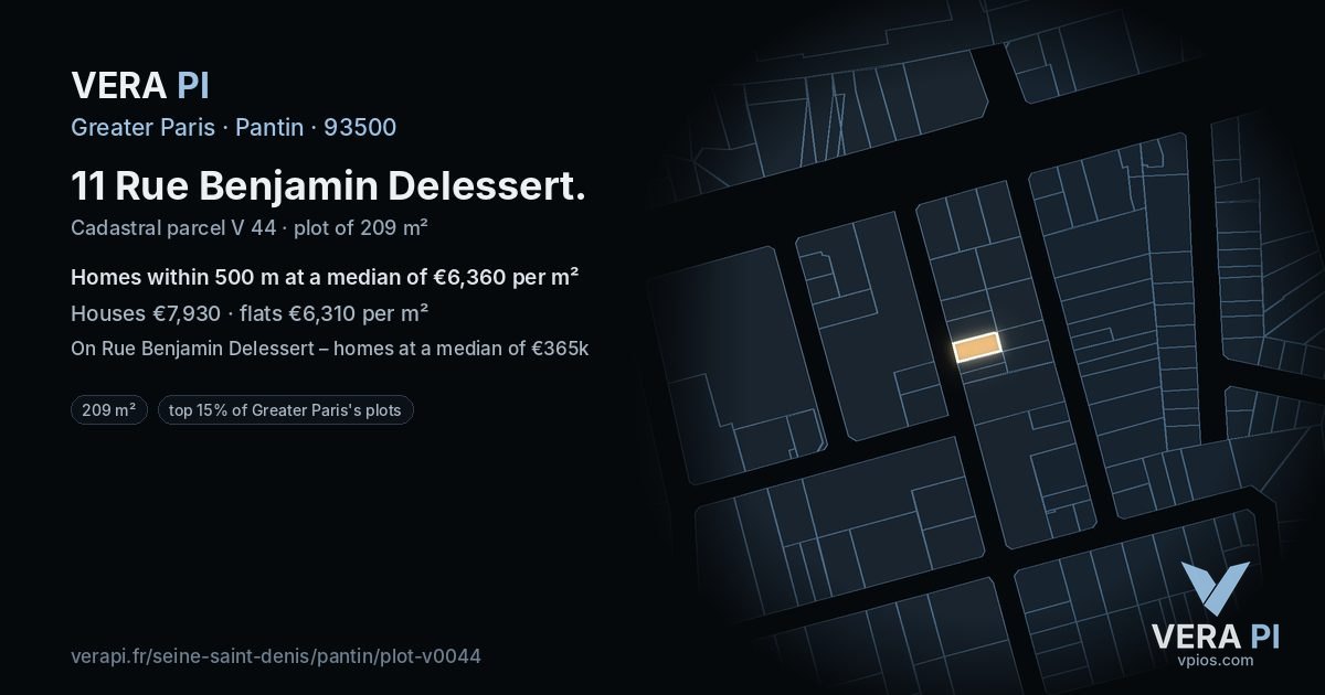 11 Rue Benjamin Delessert, Pantin at night – the plot lit, the parcels around coloured by the prices near them