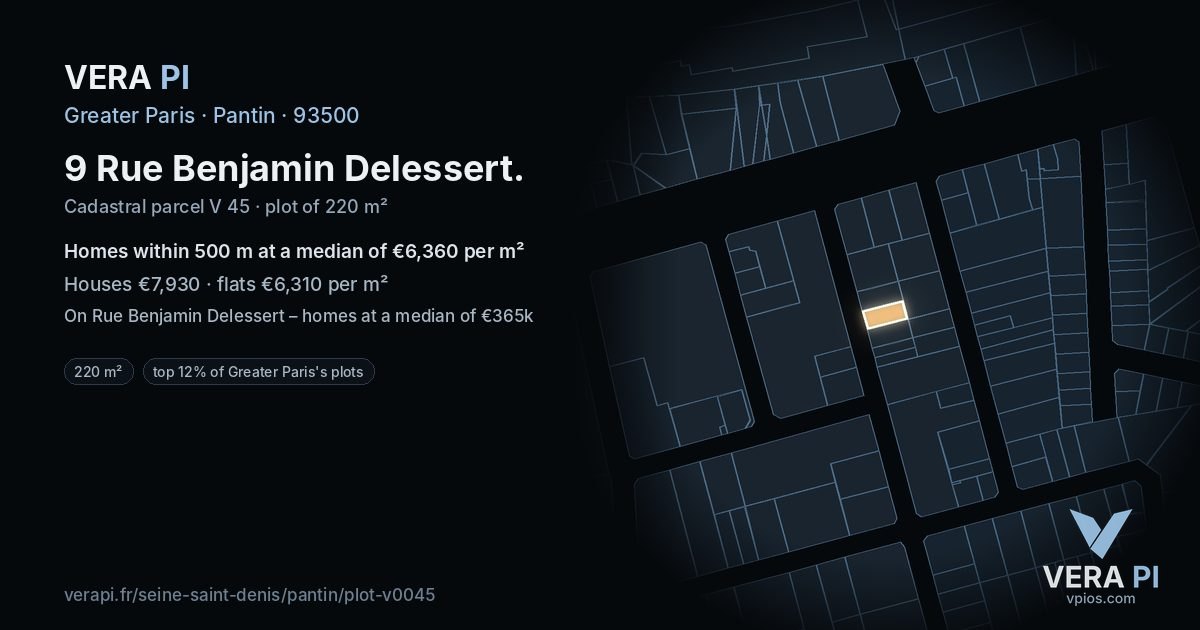 9 Rue Benjamin Delessert, Pantin at night – the plot lit, the parcels around coloured by the prices near them