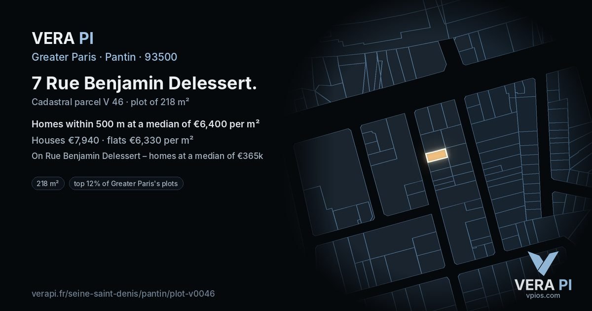 7 Rue Benjamin Delessert, Pantin at night – the plot lit, the parcels around coloured by the prices near them