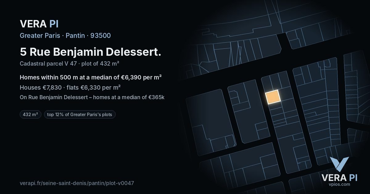 5 Rue Benjamin Delessert, Pantin at night – the plot lit, the parcels around coloured by the prices near them
