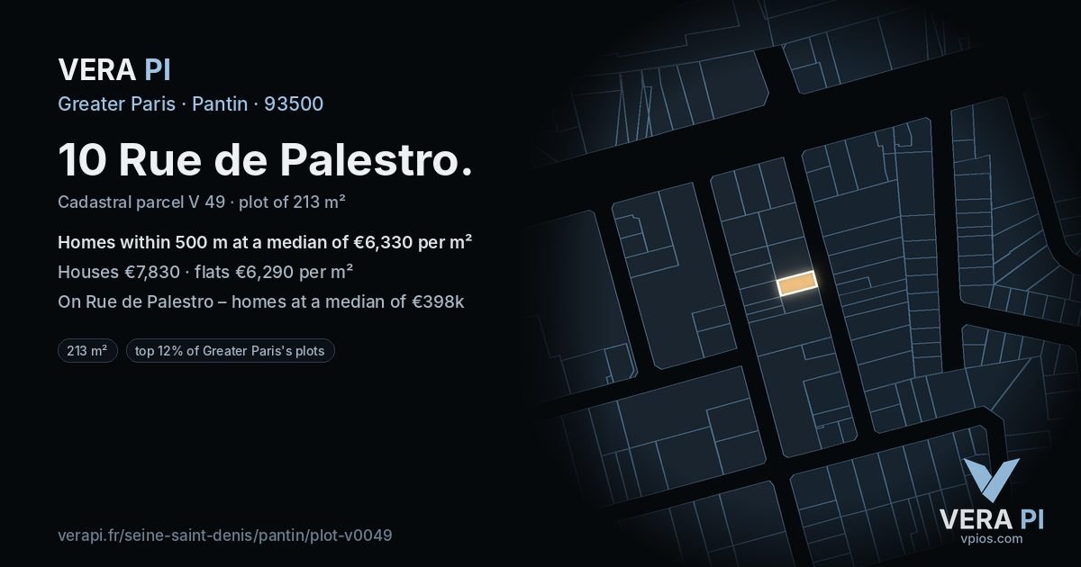 10 Rue de Palestro, Pantin at night – the plot lit, the parcels around coloured by the prices near them