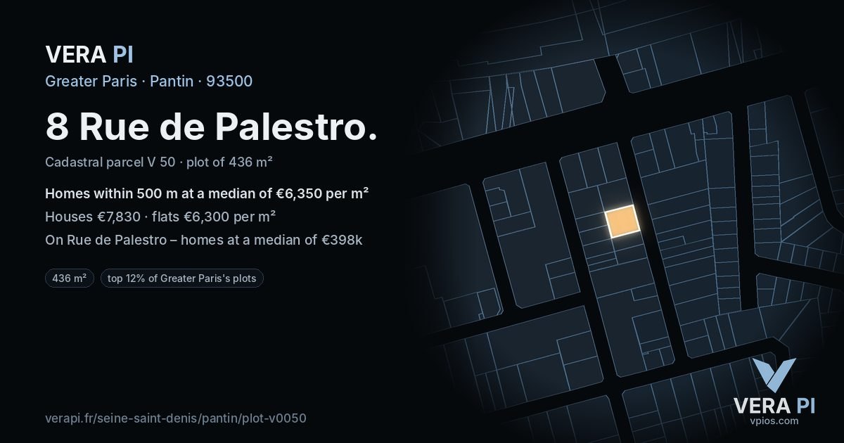 8 Rue de Palestro, Pantin at night – the plot lit, the parcels around coloured by the prices near them