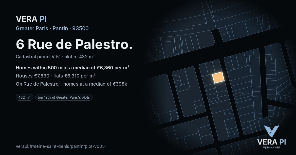 6 Rue de Palestro, Pantin at night – the plot lit, the parcels around coloured by the prices near them