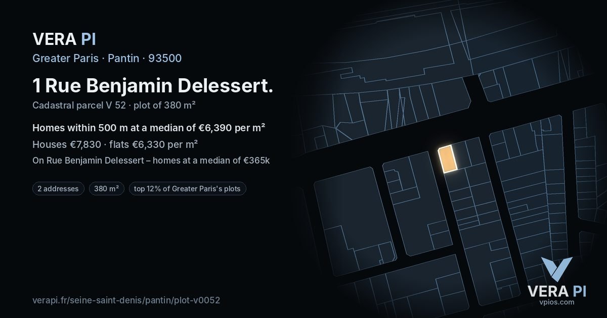 1 Rue Benjamin Delessert, Pantin at night – the plot lit, the parcels around coloured by the prices near them