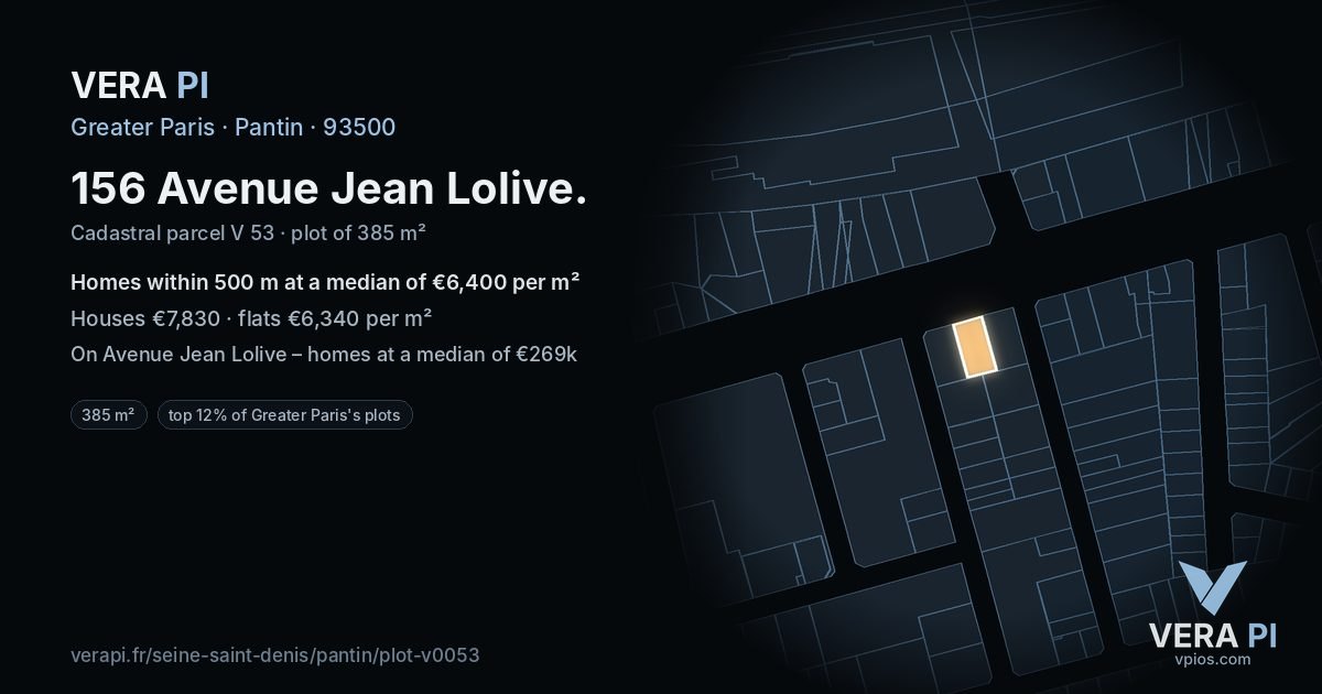 156 Avenue Jean Lolive, Pantin at night – the plot lit, the parcels around coloured by the prices near them
