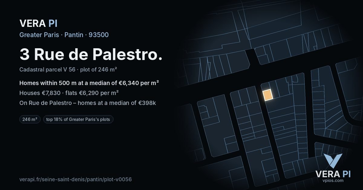 3 Rue de Palestro, Pantin at night – the plot lit, the parcels around coloured by the prices near them