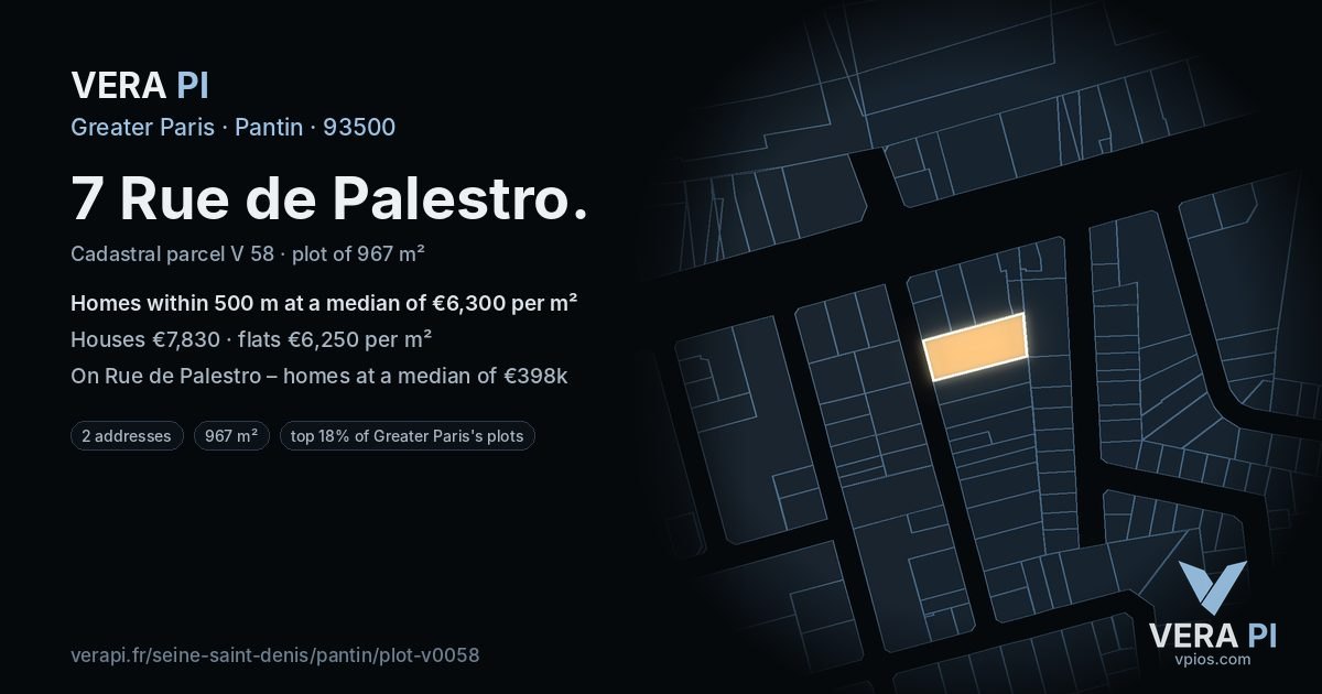 7 Rue de Palestro, Pantin at night – the plot lit, the parcels around coloured by the prices near them