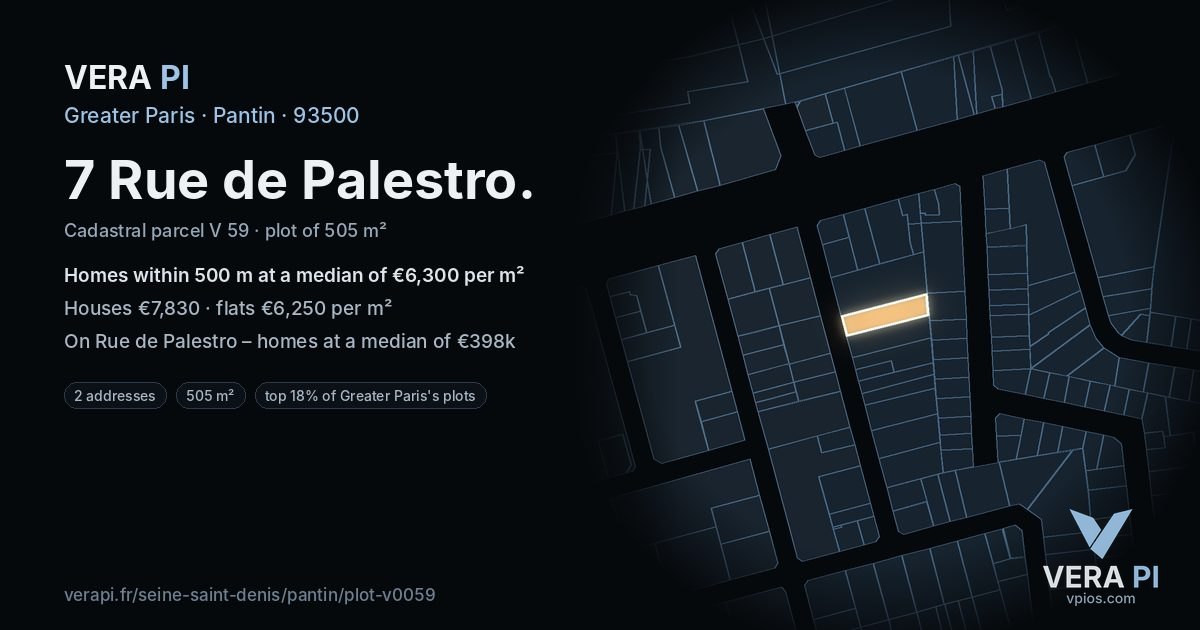7 Rue de Palestro, Pantin at night – the plot lit, the parcels around coloured by the prices near them