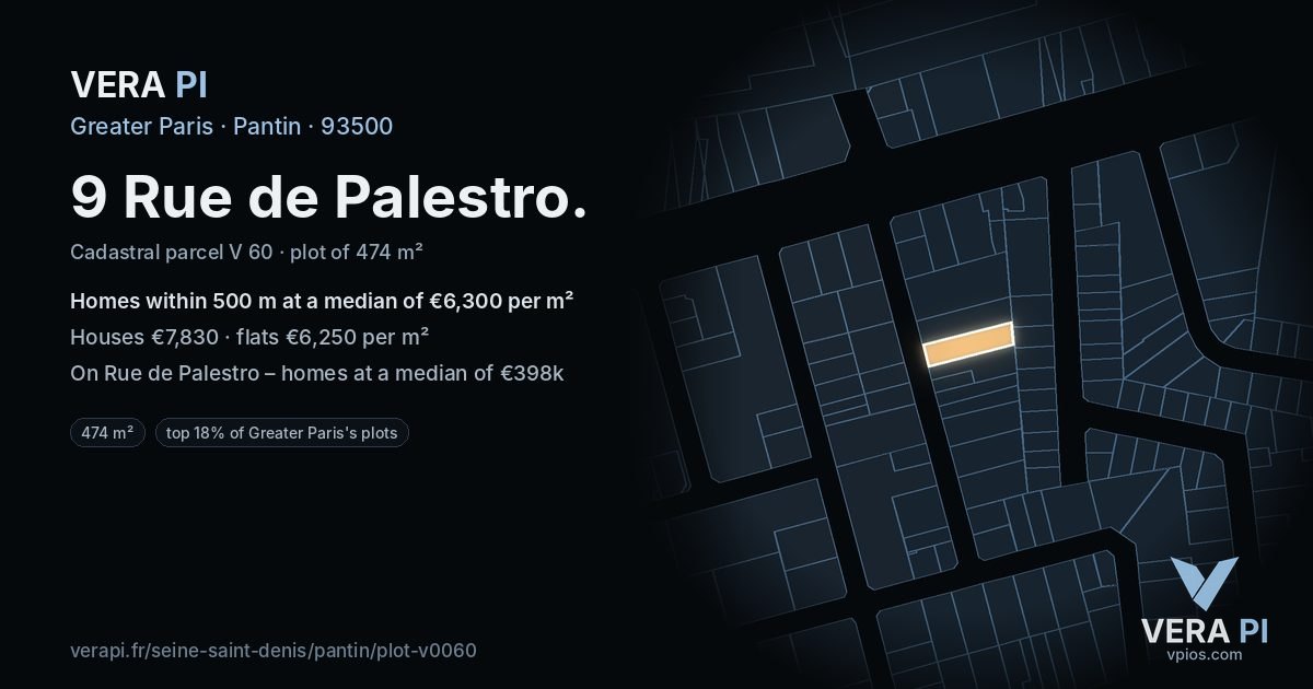 9 Rue de Palestro, Pantin at night – the plot lit, the parcels around coloured by the prices near them