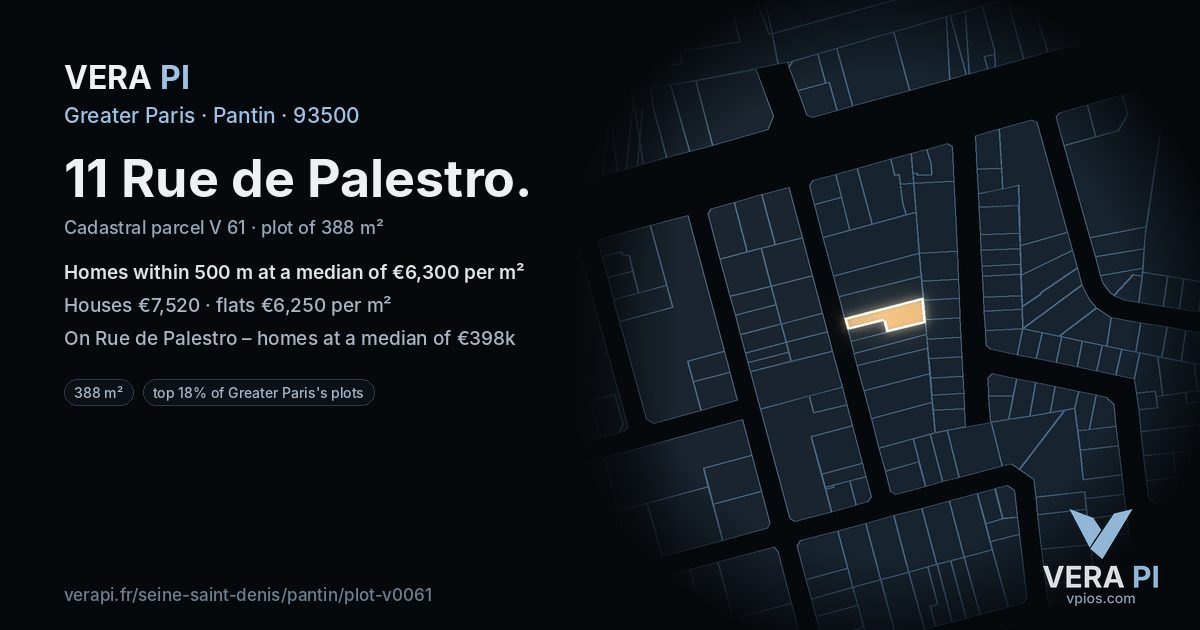 11 Rue de Palestro, Pantin at night – the plot lit, the parcels around coloured by the prices near them
