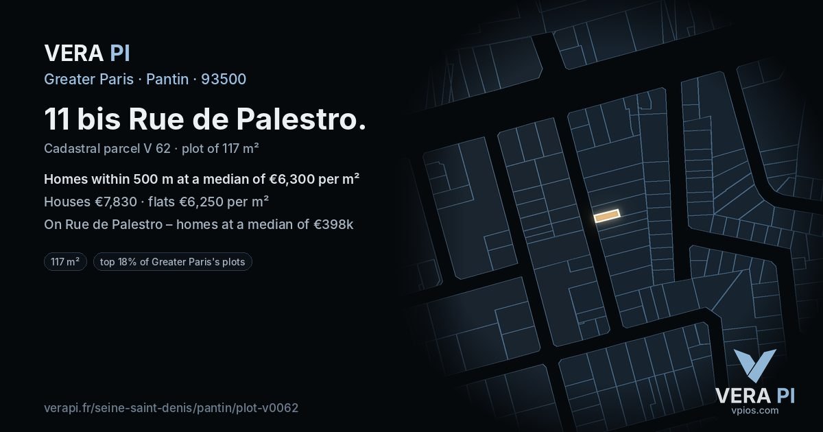 11 bis Rue de Palestro, Pantin at night – the plot lit, the parcels around coloured by the prices near them