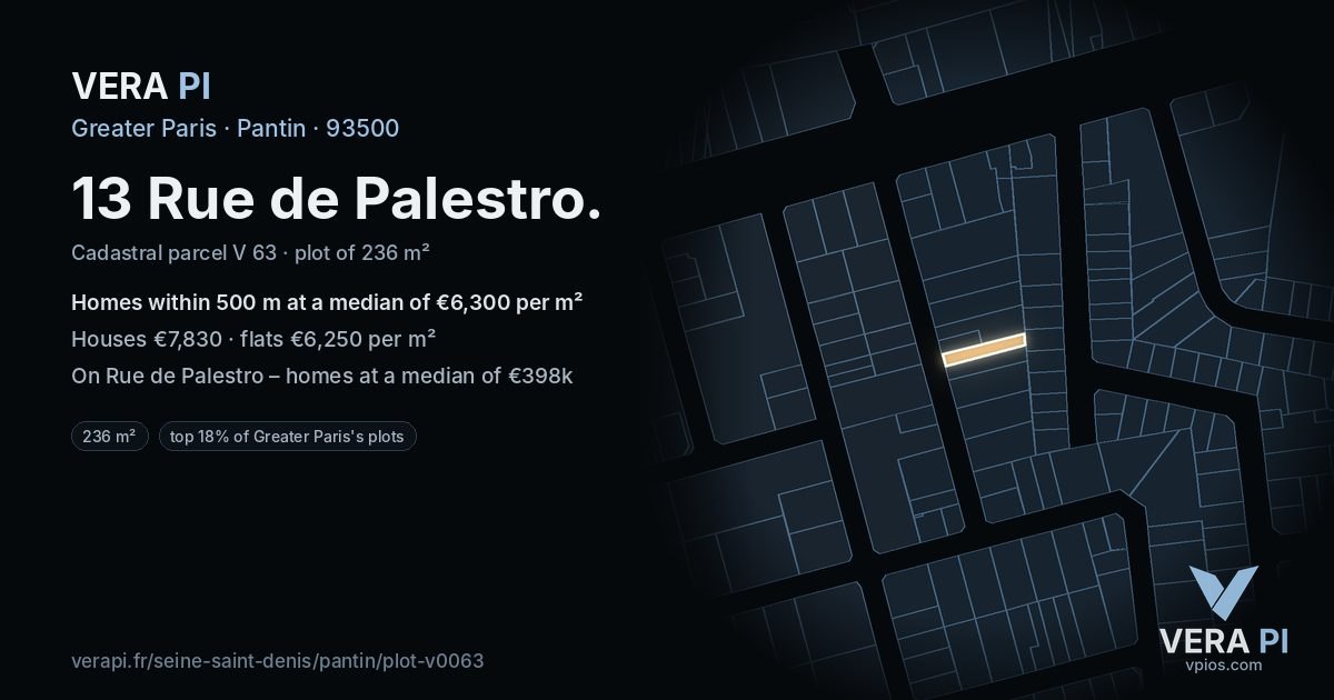 13 Rue de Palestro, Pantin at night – the plot lit, the parcels around coloured by the prices near them