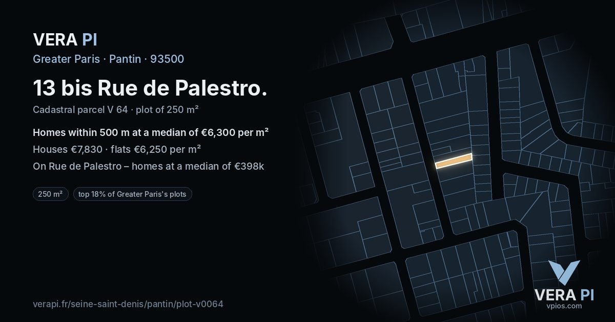 13 bis Rue de Palestro, Pantin at night – the plot lit, the parcels around coloured by the prices near them
