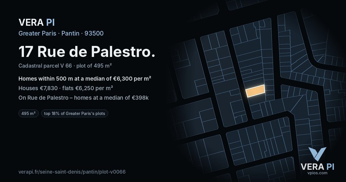 17 Rue de Palestro, Pantin at night – the plot lit, the parcels around coloured by the prices near them