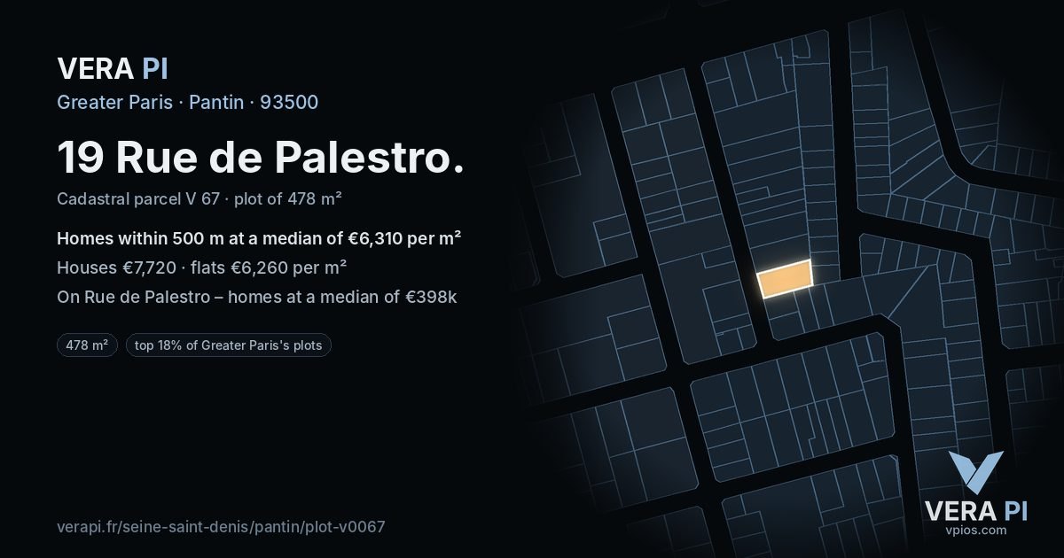 19 Rue de Palestro, Pantin at night – the plot lit, the parcels around coloured by the prices near them