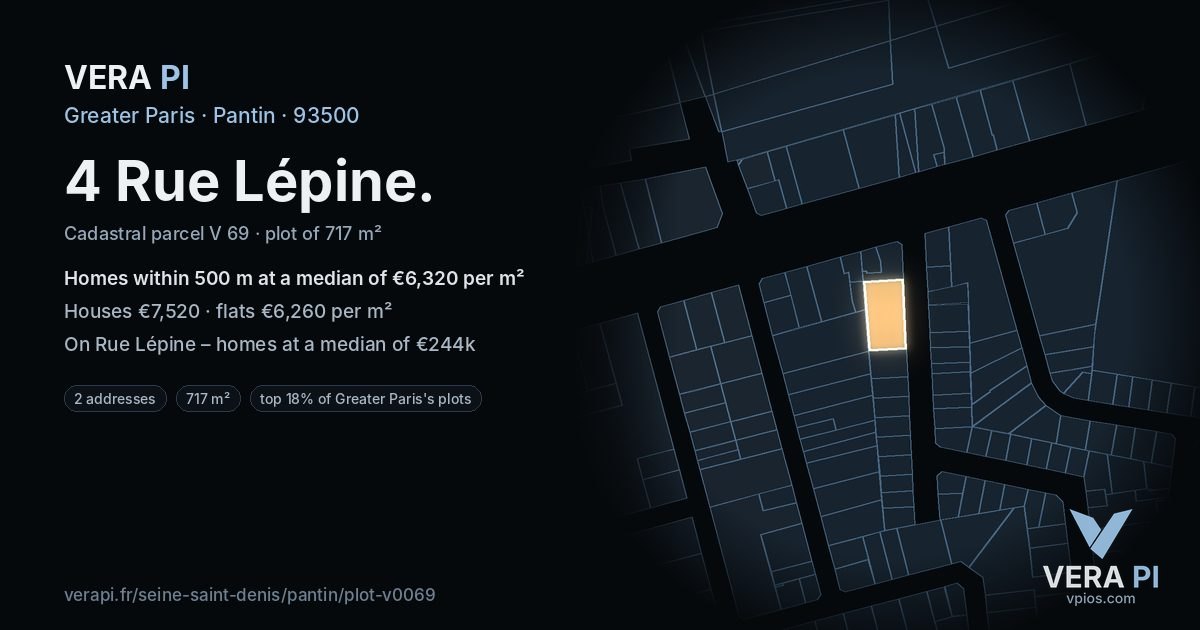 4 Rue Lépine, Pantin at night – the plot lit, the parcels around coloured by the prices near them