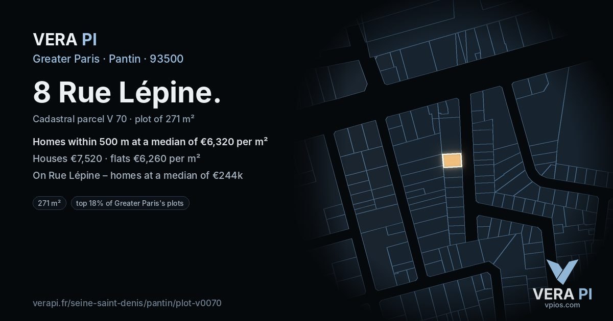 8 Rue Lépine, Pantin at night – the plot lit, the parcels around coloured by the prices near them