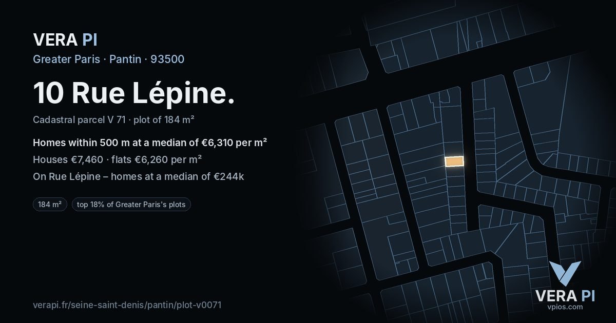 10 Rue Lépine, Pantin at night – the plot lit, the parcels around coloured by the prices near them