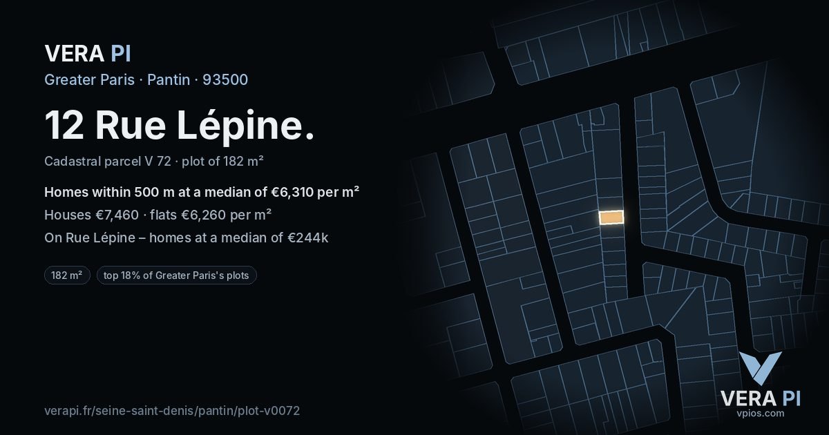 12 Rue Lépine, Pantin at night – the plot lit, the parcels around coloured by the prices near them