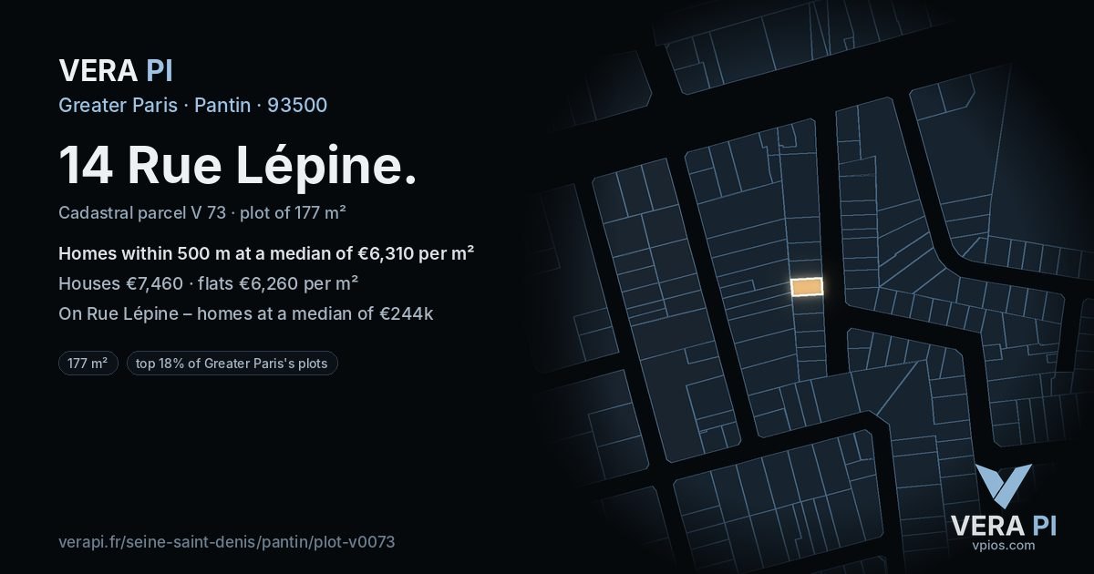 14 Rue Lépine, Pantin at night – the plot lit, the parcels around coloured by the prices near them