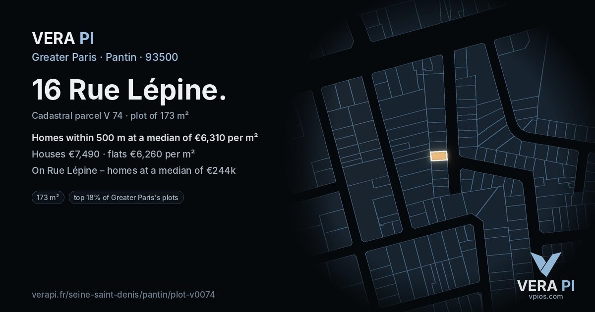 16 Rue Lépine, Pantin at night – the plot lit, the parcels around coloured by the prices near them