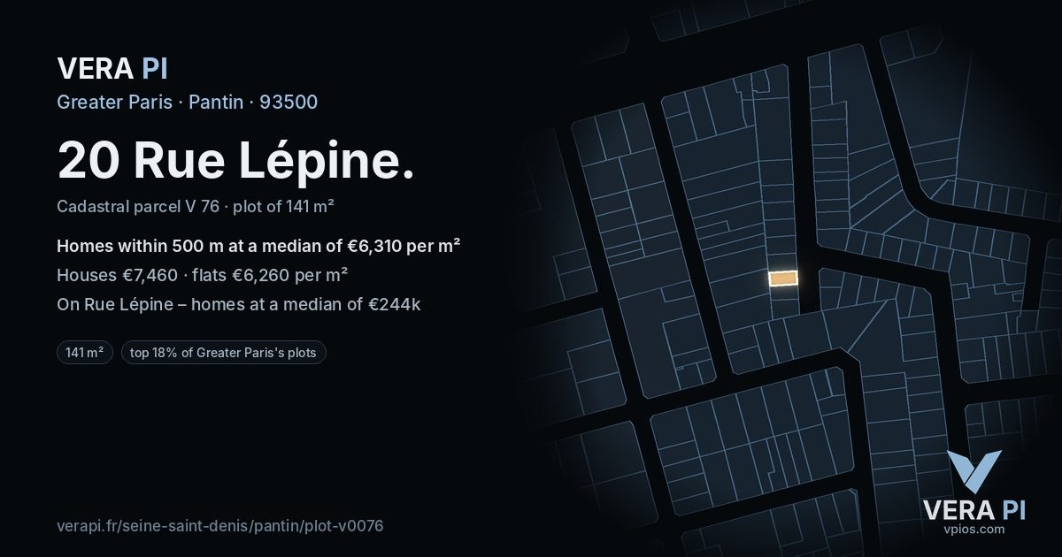 20 Rue Lépine, Pantin at night – the plot lit, the parcels around coloured by the prices near them