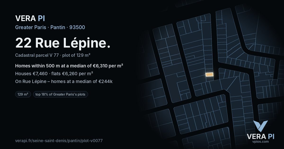 22 Rue Lépine, Pantin at night – the plot lit, the parcels around coloured by the prices near them