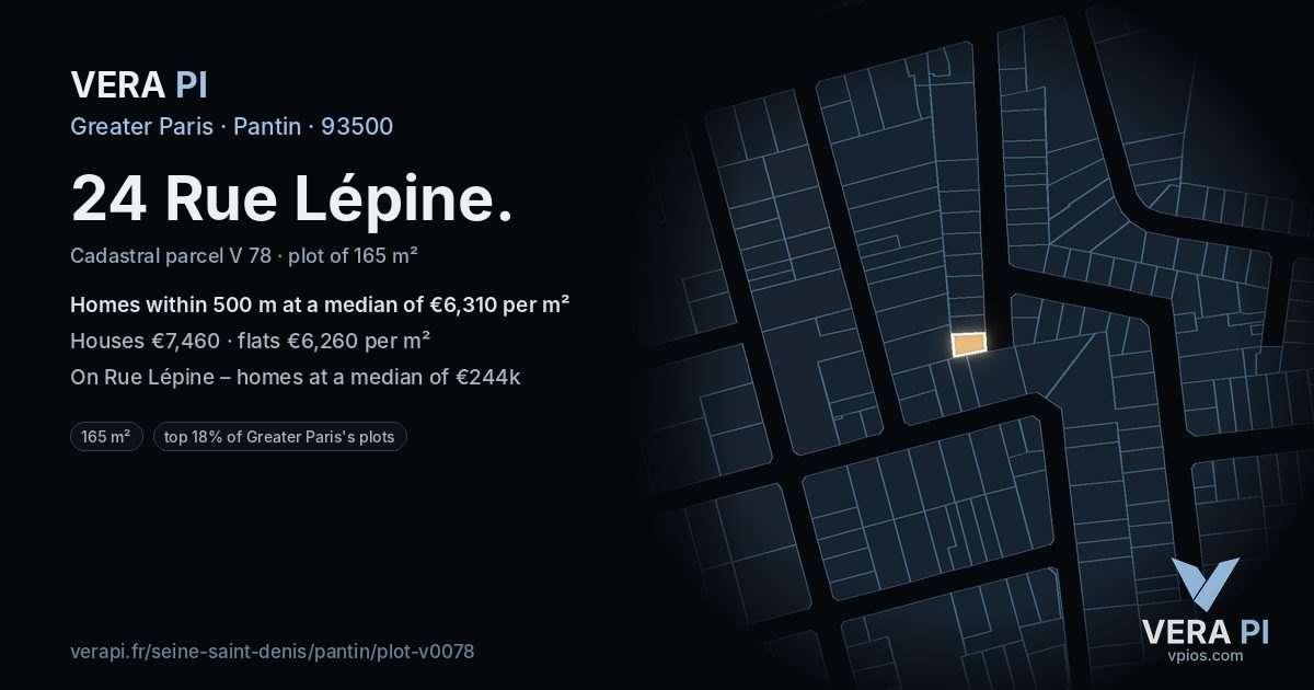 24 Rue Lépine, Pantin at night – the plot lit, the parcels around coloured by the prices near them