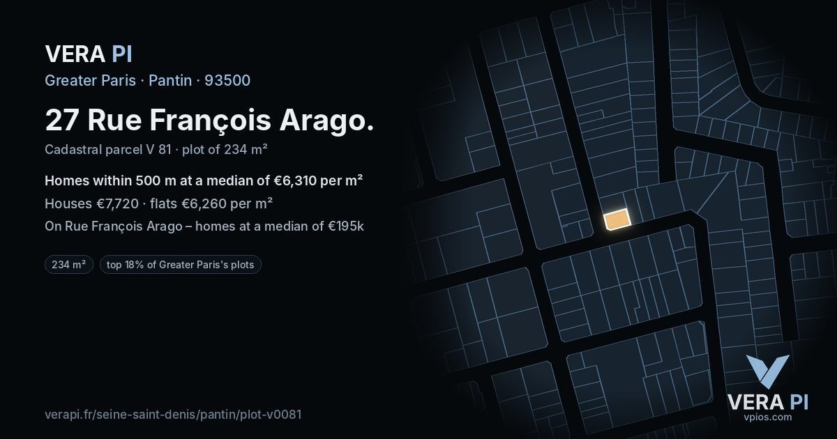 27 Rue François Arago, Pantin at night – the plot lit, the parcels around coloured by the prices near them