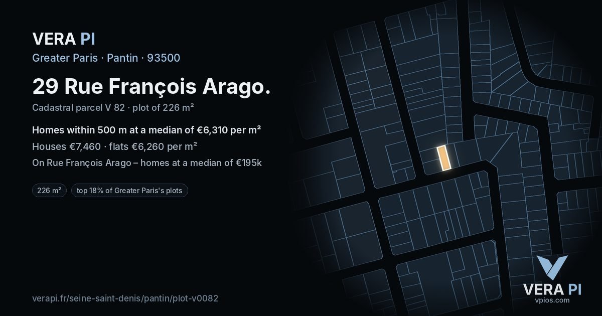 29 Rue François Arago, Pantin at night – the plot lit, the parcels around coloured by the prices near them