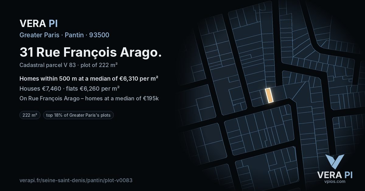 31 Rue François Arago, Pantin at night – the plot lit, the parcels around coloured by the prices near them