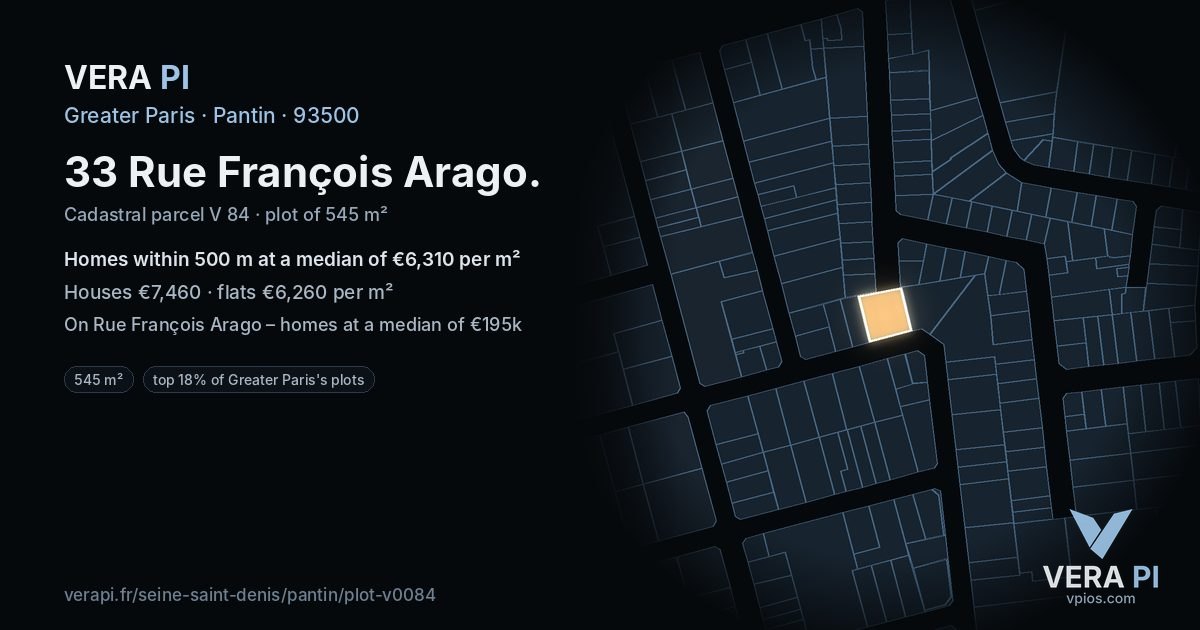 33 Rue François Arago, Pantin at night – the plot lit, the parcels around coloured by the prices near them
