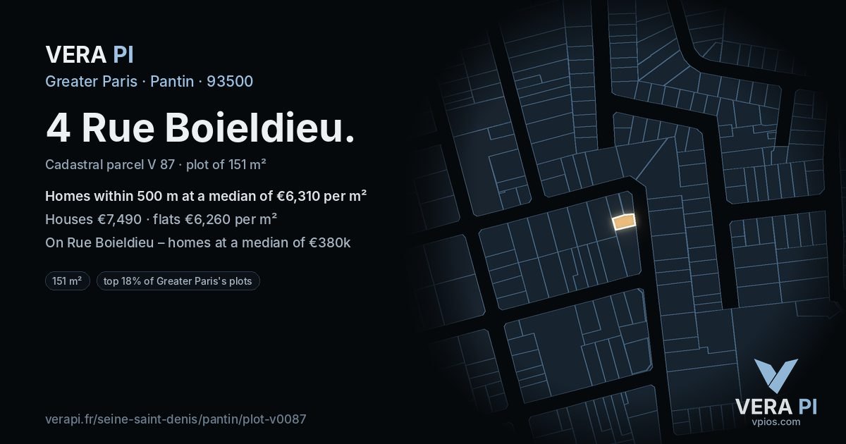 4 Rue Boieldieu, Pantin at night – the plot lit, the parcels around coloured by the prices near them